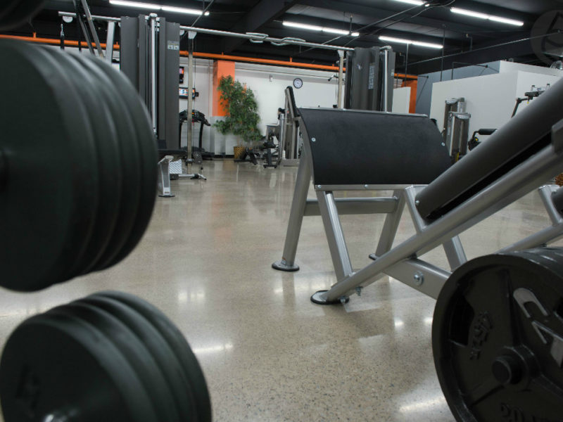 polished concrete floor, 400-grit satin finish Catalyst Fitness Fort Wayne, IN